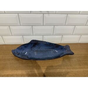 Vintage Thora Ovenware Fish Platter 16" Kitchen Handmade Stoneware Blue